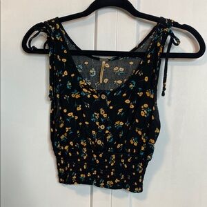 💚 Harlow | Floral Black and Yellow Women's crop Top - smocked bottom - Small